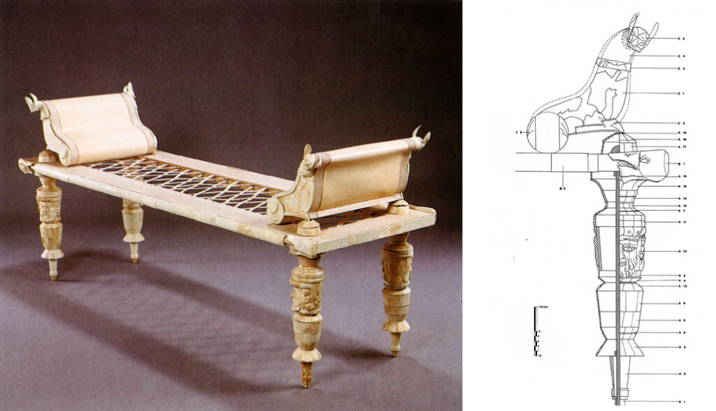 Un’immagine del letto restaurato nel 1989 e la ricostruzione grafica di una gamba 