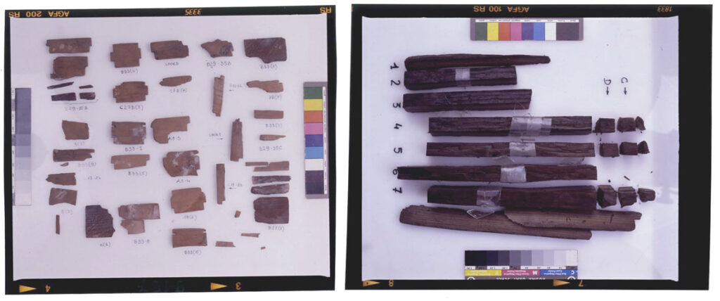 Due diapositive di resti lignei dal relitto del Pozzino
